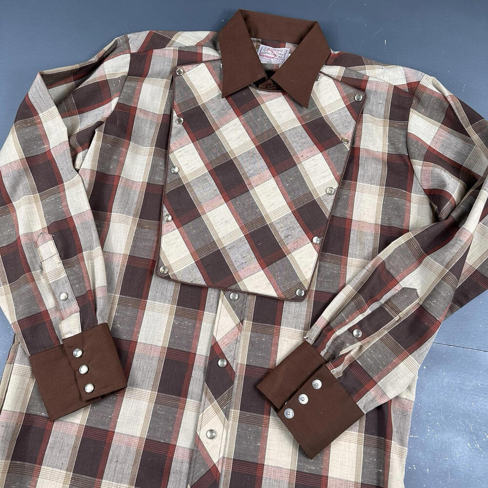 VTG H Bar C Western Shirt Mens Large Brown Red Plaid Bib Calvary Long Tail NWOT